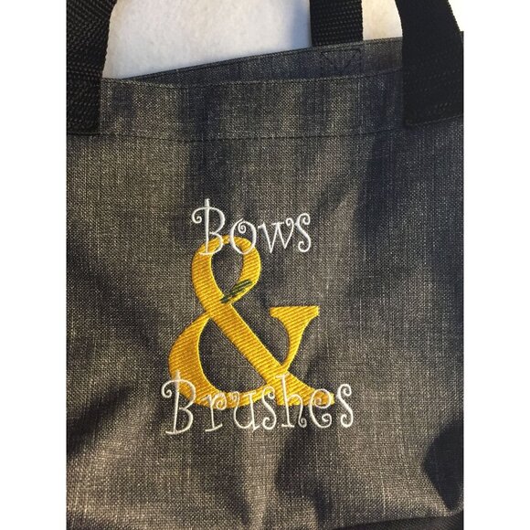 Thirty-One Bows & Brushes Grey Canvas Tote Bag Yellow & White Embroidery Pockets - Picture 2 of 11